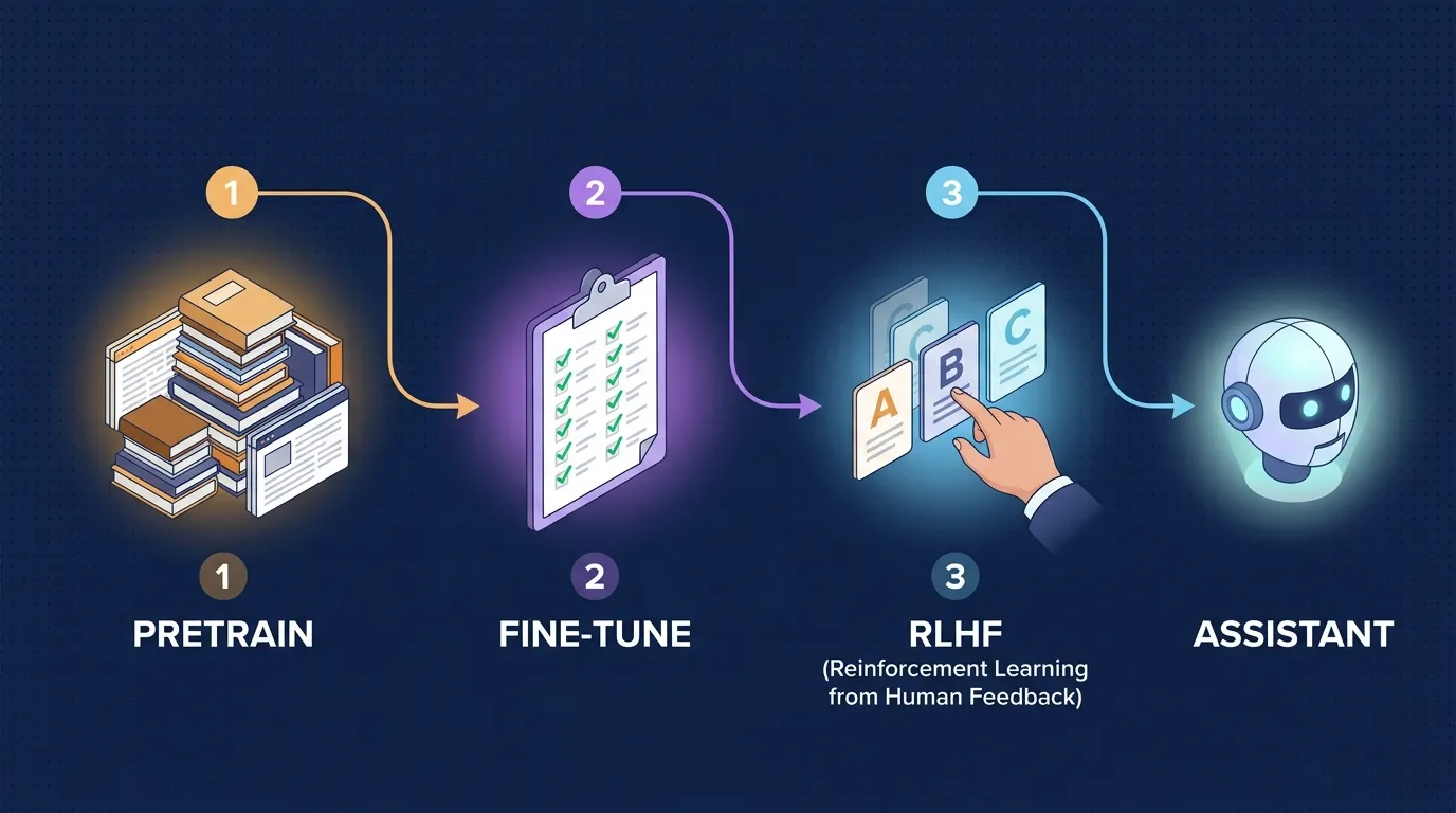 Training pipeline: Pretraining → SFT → RLHF