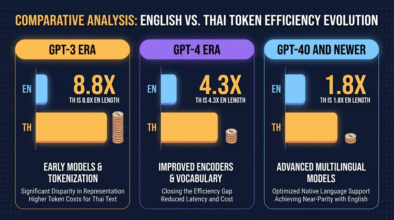 อินโฟกราฟิกแสดง ratio ของ token ภาษาไทย vs อังกฤษในแต่ละยุค