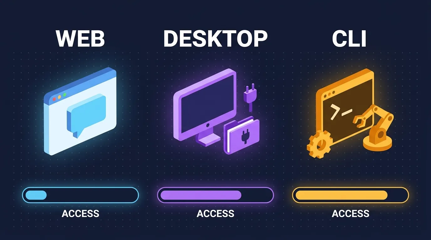 บันได 3 ขั้น: เว็บ → เดสก์ท็อป → CLI ความสามารถเพิ่มขึ้นตามระดับการเข้าถึงเครื่อง