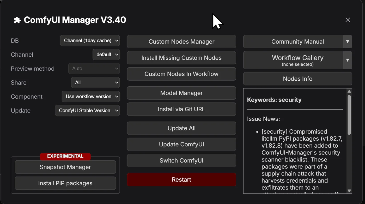 หน้าจอจริงของ ComfyUI Manager V3.40 — ปุ่ม Install Missing Custom Nodes, Model Manager, Update All ฯลฯ