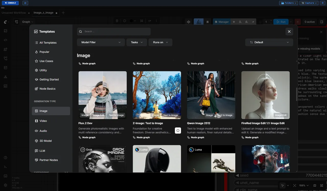 หน้าต่าง Templates ใน ComfyUI — เลือก template ที่อยากใช้ (ตัวอย่าง: Z-Image Text to Image)