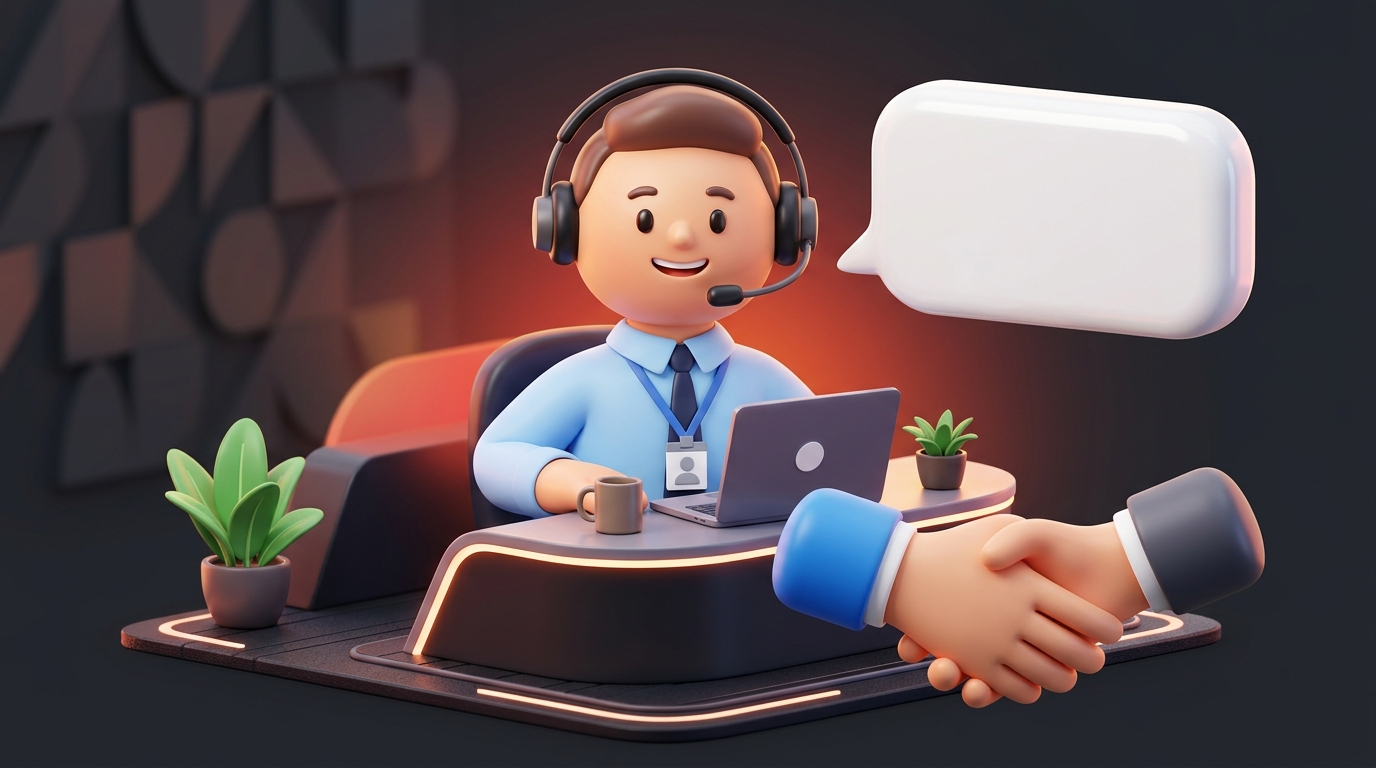 ภาพ 3D ที่ปรึกษาการขายพร้อมหูฟังและการจับมือ