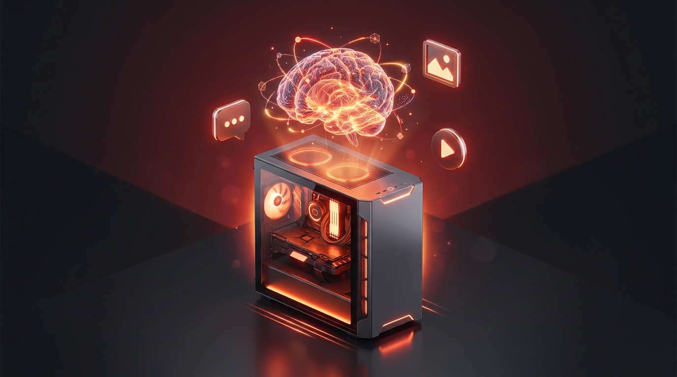 ภาพ 3D เครื่อง Local AI PC เรืองแสงพร้อมสมอง AI และไอคอนแชท/ภาพ/วิดีโอ