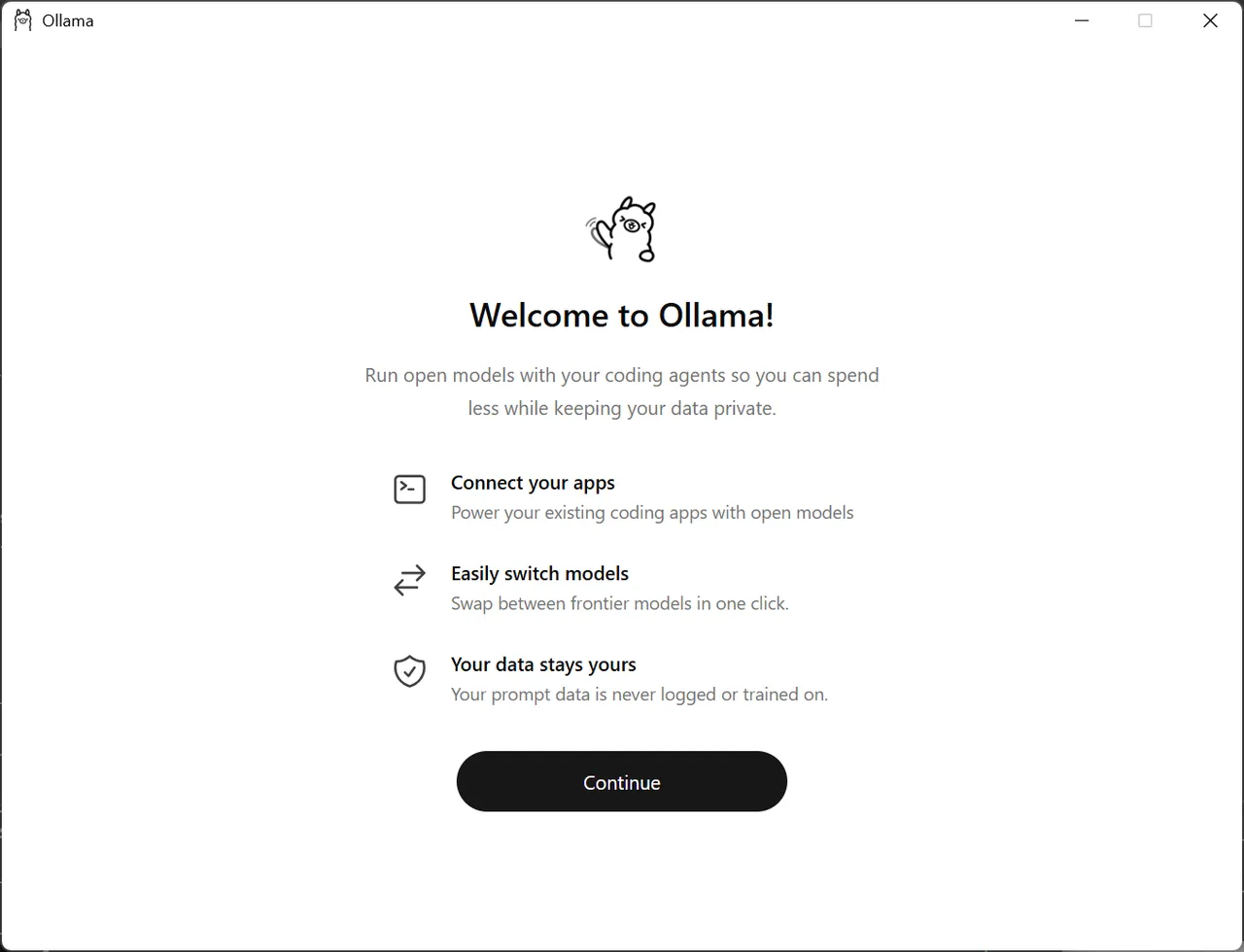 เปิดแอป Ollama ครั้งแรก → กด Continue