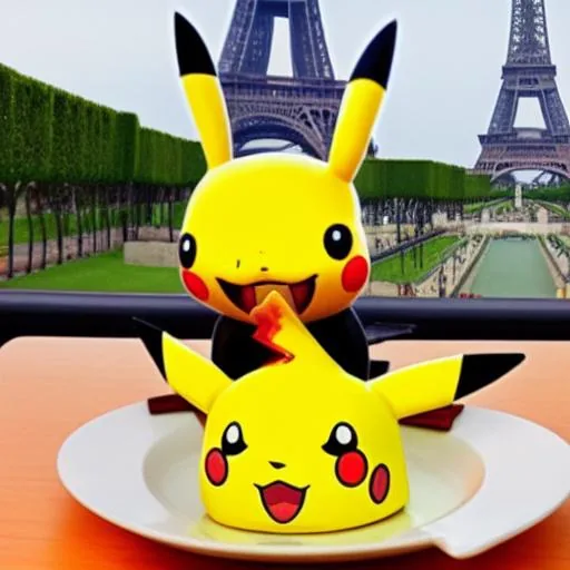 ภาพ AI ยุคแรก: Pikachu fine dining วิวหอไอเฟล — Pikachu บิดเบี้ยวซ้อนกันสองตัว