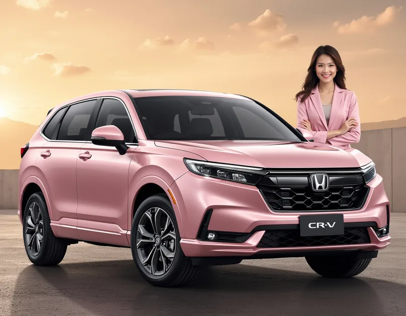 ภาพโฆษณา SUV สีชมพูพร้อมพรีเซนเตอร์ จาก LoRA สินค้า