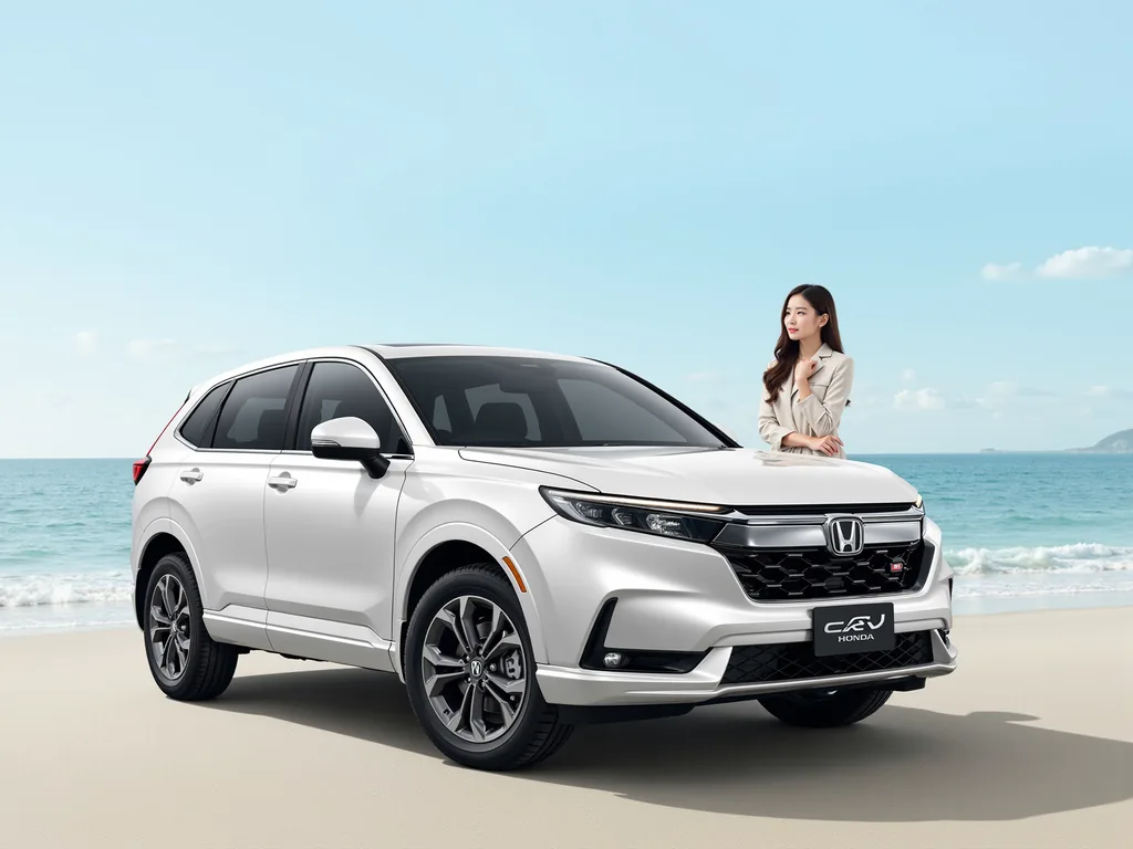 SUV สีขาวริมทะเลพร้อมนางแบบ ฉากใหม่จาก LoRA เดียวกัน