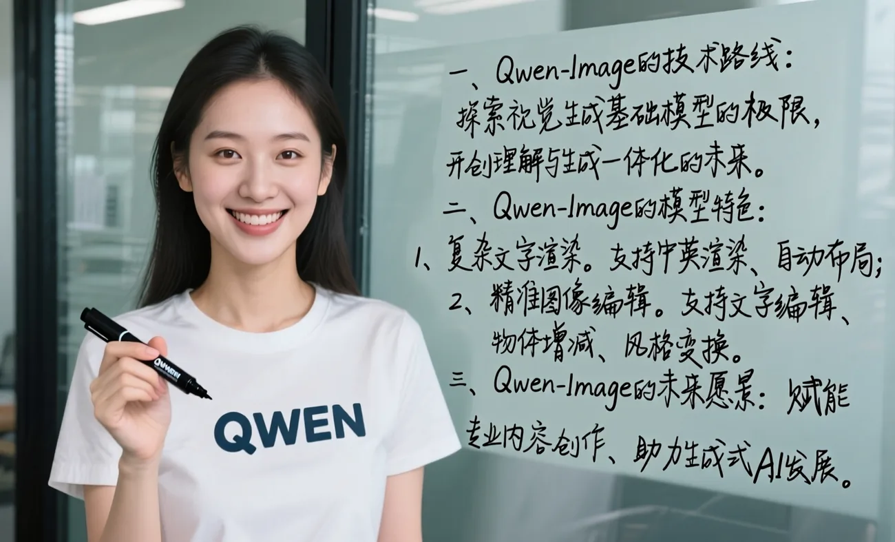 ภาพ generate ผู้หญิงใส่เสื้อ QWEN เขียนข้อความภาษาจีนยาวหลายบรรทัดบนกระดานกระจก