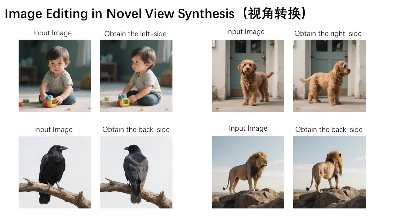 Novel View Synthesis: ภาพ input ของเด็ก หมา อีกา สิงโต ถูกสั่งหมุนดูด้านซ้าย/ขวา/ด้านหลัง