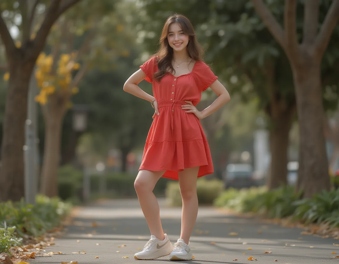 ผลลัพธ์จากคลาส — หญิงสาวชุดแดงเต็มตัว ยืนเท้าเอวบนถนนมีต้นไม้