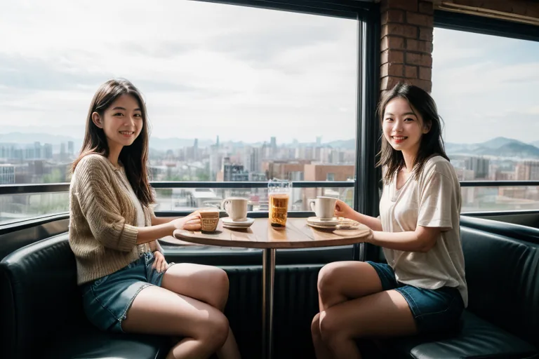 ผลลัพธ์จากคลาส — หญิงสาวสองคนนั่งในคาเฟ่ริมหน้าต่าง เห็นตึกในเมืองด้านนอก