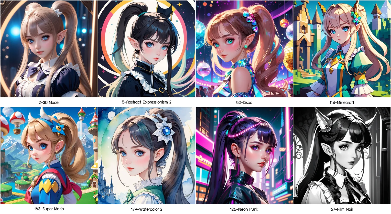 ชาร์ตเทียบ 8 สไตล์ภาพจากตัวแบบเดียวกัน: 3D Model, Abstract Expressionism, Disco, Minecraft, Super Mario, Watercolor, Neon Punk, Film Noir