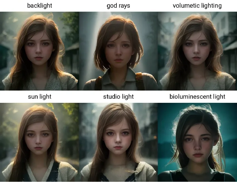 ชาร์ตเทียบแสง 6 แบบบนใบหน้าเดียวกัน: backlight, god rays, volumetric lighting, sun light, studio light, bioluminescent light
