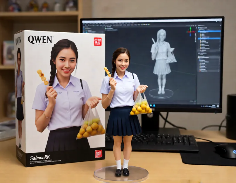 นักศึกษาหญิงกลายเป็น PVC figure พร้อมกล่อง QWEN และจอ AOC โชว์ 3D model สีเทา