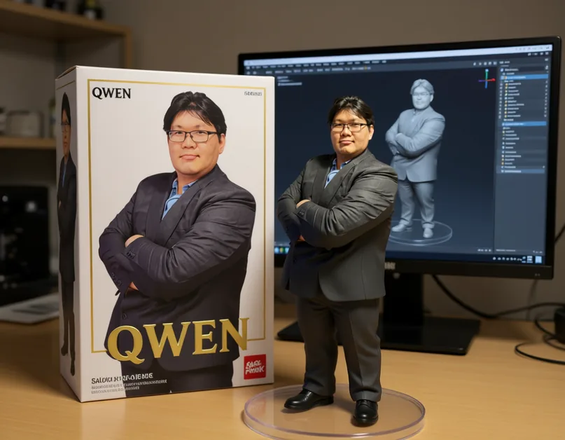 ชายใส่สูทยืนกอดอกกลายเป็น PVC figure ข้างกล่องแพ็กเกจของตัวเอง