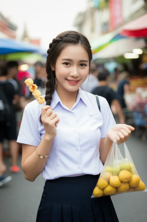 ภาพต้นฉบับ — นักศึกษาถือไม้ลูกชิ้นและถุงผลไม้กลางตลาด